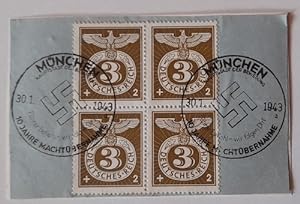 Briefstück mit 4 Briefmarken (4er Block 3+2 Pfennig Deutsches Reich)mit 2 sauberen Stempeln Münch...