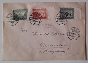 Umschlag mit 3 Briefmarken Norge Post 1943 Landshjelpen und 4 sauberen Stempeln "Haugesund" adres...