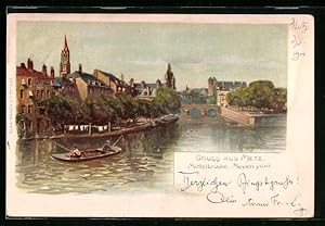 Künstler-Carte postale Metz, vue partielle avec Mittelbrücke