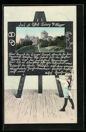 Schultafel-Ansichtskarte Burg an der Wupper, Schloss Burg mit Knaben vor der Tafel