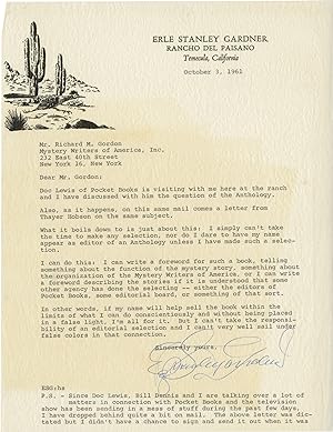 Original two-page ribbon typescript copy letter signed from Erle Stanley Gardner to the Mystery W...