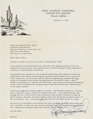 Original ribbon typescript copy letter signed from Erle Stanley Gardner to the Mystery Writers of...