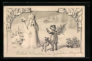 Bild des Verkufers fr Ansichtskarte Junge und Hund begegnen einem Schneemann in Winterlandschaft zum Verkauf von Bartko-Reher