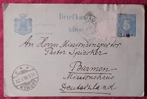 Briefkaart / Postkarte an Herrn Missionsinspektor Pastor Spiecker im Missionshaus in Barmen von e...