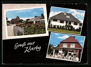 Bild des Verkufers fr Ansichtskarte Karby, Geschft, Strassenpartie mit Kirche, Wohnhaus zum Verkauf von Bartko-Reher