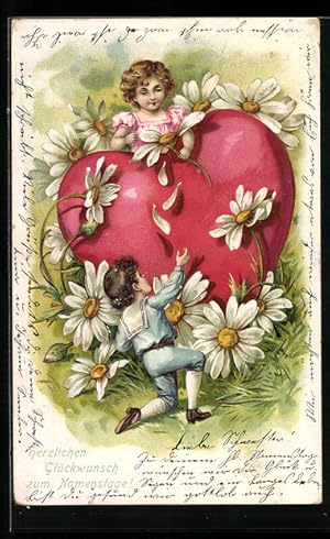 Bild des Verkufers fr Lithographie Kleiner Verehrer kniet vor Mdchen auf grossem Herz zum Verkauf von Bartko-Reher