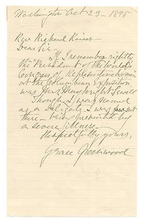 Seller image for Autograph Letter Signed ("Grace Greenwood") to Rev. Richard Rainer dated October 23, 1895 for sale by Between the Covers-Rare Books, Inc. ABAA