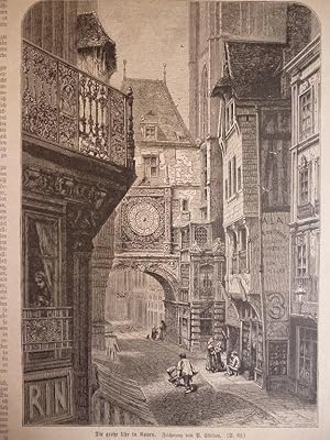 Orig. Holzstich - Die große Uhr in Rouen ( Uhrenturm Gros-Horloge )