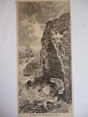 Orig. Holzstich - Brandung an der Felsenwand auf Helgoland ( Segler vor Insel Schleswig-Holstein )