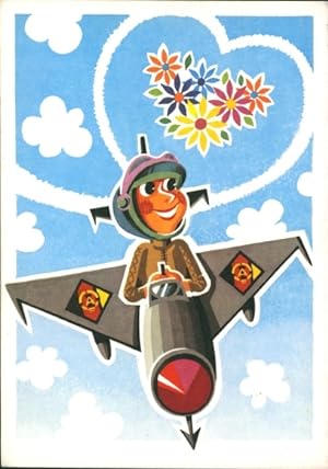 Künstler Ansichtskarte / Postkarte Bernsdorf, Klaus, NVA, Soldat im Flugzeug, Herz, Blumen, DDR