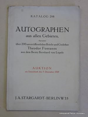 Image du vendeur pour darunter 200 unverffentlichte Briefe und Gedichte Theodor Fontanes aus dem Besitz Bernhard von Lepels. Katalog 298 der Firma J. A. Stargardt zur Versteigerung Sonnabend, den 7. Dezember 1929. Berlin, Stargardt, 1929. Mit 1 ganzseitigen Handschriftenfaksimile (Drost-Hlshoff). 38 S. Orig.-Umschlag; minimal fleckig, Rcken am ob. etwas bestoen. mis en vente par Jrgen Patzer