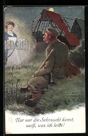 Bild des Verkufers fr Ansichtskarte Soldat erblickt eine Fata-Morgana in khler mondklarer Nacht, Serviererin mit Bier zum Verkauf von Bartko-Reher