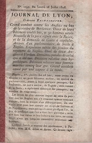 Image du vendeur pour Journal de Lyon du samedi 26 juillet 1806 mis en vente par PRISCA