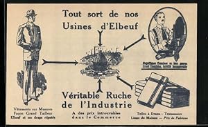 Carte postale Elbeuf, Usines d`Elbeuf, Union des Manufactures, Reklame für Herrenkleidung, Fabriken