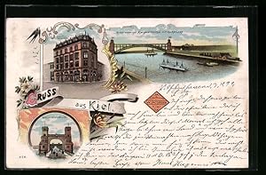 Lithographie Kiel, Kaufhaus von W. Jacobsen, Gasthaus Margarethenthal mit Hochbrücke Levensau