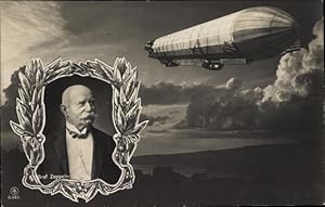 Ansichtskarte / Postkarte Luftschiff im Flug, Portrait Graf Zeppelin, Lorbeerkranz, LZ 4