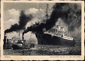 Ansichtskarte / Postkarte Hamburger Hafen, Ausreise der St. Louis, Dampfschiff, HAPAG, Schleppschiff