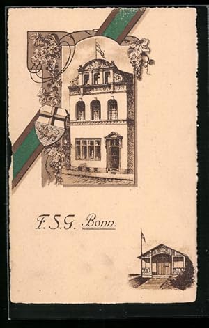 Lithographie Bonn, Verbindungshaus der F. S. G. mit Nebenhaus, Wappen