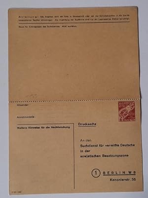 Postkarte / Ganzsache Als Drucksache an den Suchdienst für vermißte Deutsche in der sowjetischen ...