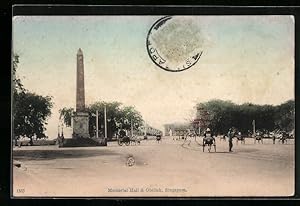 Ansichtskarte Singapore, Memorial Hall and Obelisk, Strassenansicht mit Rikschas