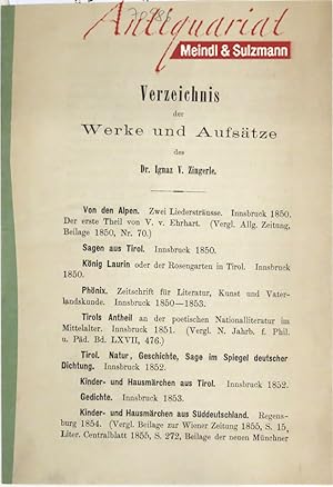 Imagen del vendedor de Verzeichnis der Werke und Aufstze des Dr. Ignaz V. Zingerle. a la venta por Antiquariat MEINDL & SULZMANN OG