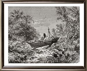1800s Antique print of a Steamer washed up on the Krakatau Wave Inland to Telokh-Betong