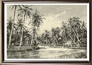 Amandit River view in Dutch Borneo,1800s Antique print
