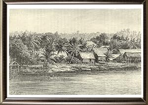 View in Borneo near Sarawak in indonesia,1800s Antique print