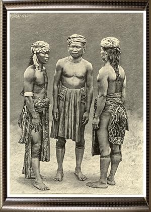 Indigenous Dayak Men of the island of Borneo in Indonesia, 1800s Antique print