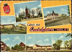 Bild des Verkufers fr Ansichtskarte / Postkarte Quickborn in Holstein, Kieler Strae, Mittelschule, Bahnhofstrae, Kirche, Bahnhofsplatz zum Verkauf von akpool GmbH