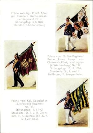 Bild des Verkufers fr Ansichtskarte / Postkarte Fahne Kgl. Preu. Knigin Elisabeth Garde Grenadier Regiment Nr. 3 - Fsilier Regiment Kaiser Franz Joseph 4. Wrttemberg. Nr. 122, Kgl. Schs. 15. Infanterie Regiment Nr. 181 zum Verkauf von akpool GmbH