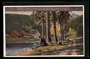 Bild des Verkufers fr Knstler-Ansichtskarte Paul Hey: Mann sitzt traurig am Fluss gegenber der Mhle zum Verkauf von Bartko-Reher