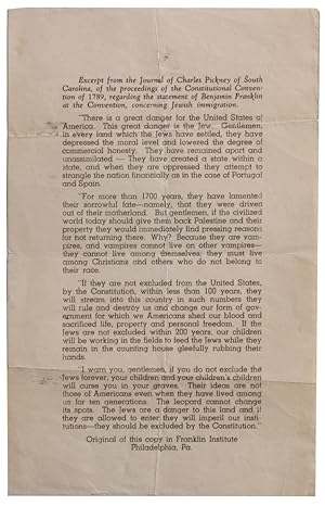 Bild des Verkufers fr Excerpt from the Journal of Charles Pickney [sic] of South Carolina, of the proceedings of the Constitutional Convention of 1789 [sic], regarding the statement of Benjamin Franklin at the Convention, concerning Jewish immigration. [Caption title] zum Verkauf von Langdon Manor Books