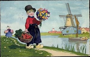 Künstler Ansichtskarte / Postkarte Baumgarten, Fritz, Niederlande, Trachten, Blumenstrauß, Windmühle