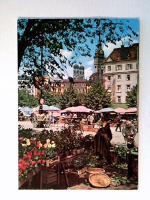 München, Viktualienmarkt, Passanten, viele bunte Sonnenschirme, AK, gelaufen 1983