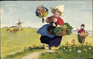 Künstler Ansichtskarte / Postkarte Baumgarten, Fritz, Niederlande, Kinder in Trachten, Windmühle ...