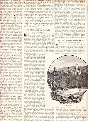 Seller image for Aus dem deutschen Bhmerwald. 10 Abbildungen mit einem Artikel von Ottomar Pinsker auf 2 Blatt. Zeigt: 1. Der Rosenberg (Ro mberk nad Vltavou). 2. Schlo Frauenberg (Schloss Hlubok). 3. Rathaus in Budweis (Cesk Budejovice). 4. Ansicht von Krumau (Cesk Krumlov). 5. Frst-Joseph-Turm am Schninger (Klet). 6. u. 7. Rathaus und Piseker Tor in Prachatitz (Prachatice). 8. Dreisesselfelsen. 9. Passionsspielhaus bei Hritz (Horice na  umave). 10. Plckensteinsee (Ple n jezero). for sale by Antiquariat Hild