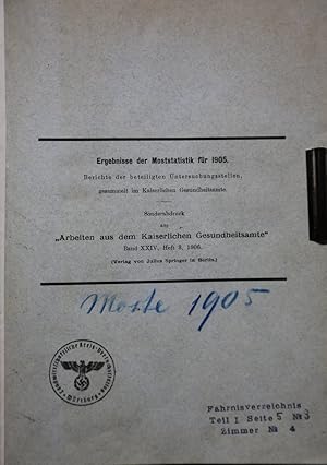 Bild des Verkufers fr Sammelband der Ergebnisse der Weinstatistik fr 1905-1907. - 3 Sonderabdrucke in 1 Band aus "Arbeiten aus dem Kaiserlichen Gesundheitsamte 1906-1908). zum Verkauf von Antiquariat  Braun