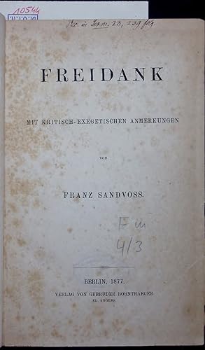 Bild des Verkufers fr FREIDANK MIT KRITISCH-EXEGETISCHEN ANMERKUNGEN. zum Verkauf von Antiquariat Bookfarm