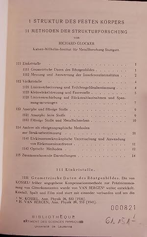 Bild des Verk�ufers f�r 1 STRUKTUR DES FESTEN K�RPERS. 11 METHODEN DER STRUKTURFORSCHUNG. zum Verkauf von Antiquariat Bookfarm