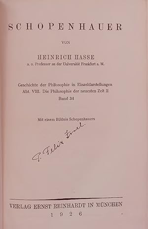 Bild des Verkufers fr SCHOPENHAUER. Geschichte der Philosophie in Einzeldarstellungen. Abt. VIII. Die Philosophie der neuesten. Zeit II, Band 34 zum Verkauf von Antiquariat Bookfarm