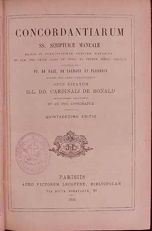 Seller image for CONCORDANTIARUM SS. SCRIPTURAE MANUALE. editio in commodissimum ordinem disposita et cum ipso textu sacro de verbo ad verbum sexies collata for sale by Antiquariat Bookfarm