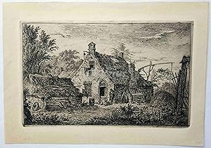 Sitting woman and standing man by a farmhouse