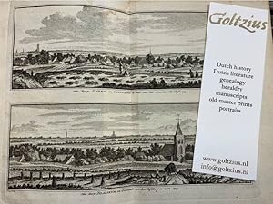 Het dorp Laren in Gooiland te zien van het Laarder kerkhof 1743/Het dorp Blarikum in Gooiland van...