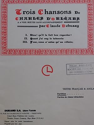 Image du vendeur pour DEBUSSY Claude Trois Chansons de Charles d'Orlans Chant mis en vente par partitions-anciennes