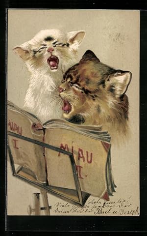 Bild des Verkufers fr Ansichtskarte Katzen stimmen einen Gesang an zum Verkauf von Bartko-Reher
