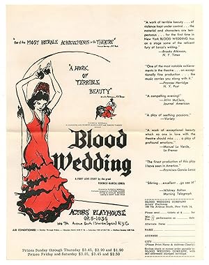 Bild des Verkufers fr [Off-Broadway Advertising Handbill]: Blood Wedding zum Verkauf von Between the Covers-Rare Books, Inc. ABAA