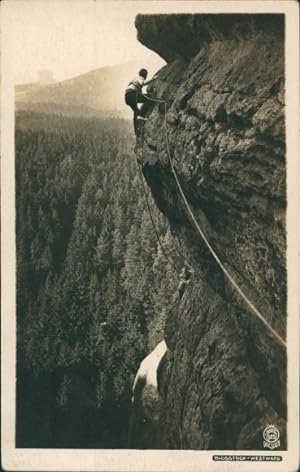 Ansichtskarte / Postkarte Elbsandsteingebirge, Kletterer am Bloßstock, Westwand, Hahn 525