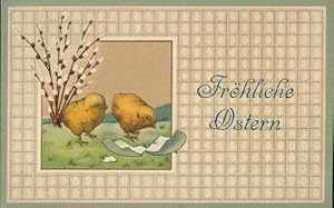 Ansichtskarte / Postkarte Glückwunsch Ostern, Weidenkätzchen, Küken, Eierschale