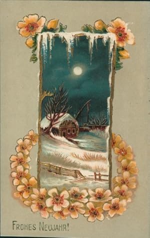 Präge Glitzer Mondschein Ansichtskarte / Postkarte Glückwunsch Neujahr, Wohnhaus, Blumen